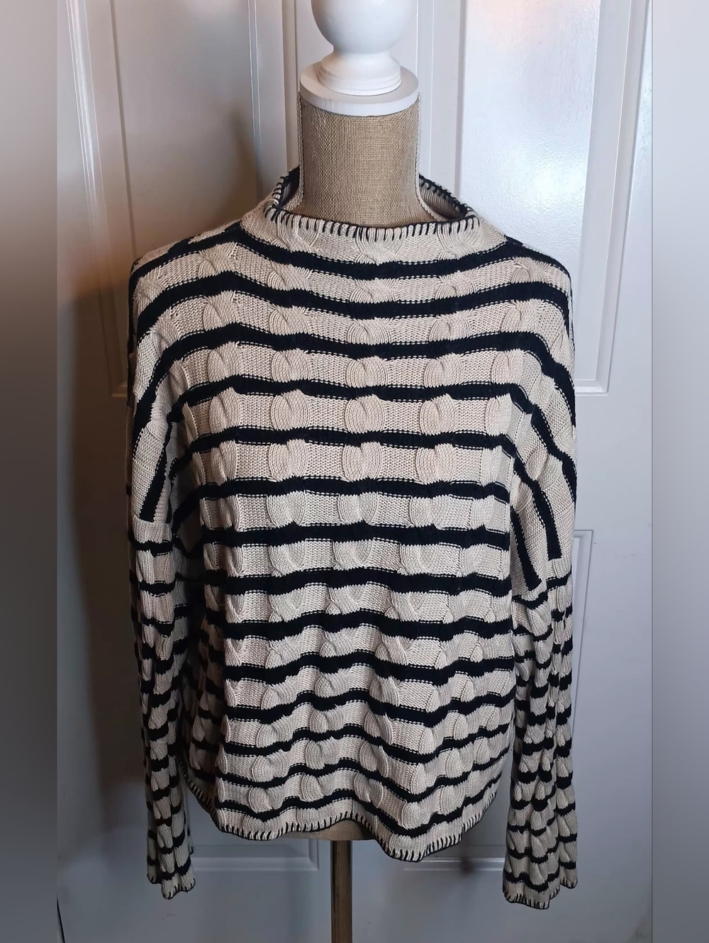J. Crew RE- IMAGINED Black & Cream Striped Cashmere Blend Mockneck Sweater XL